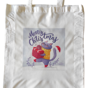 Χριστουγεννιάτικη λευκή υφασμάτινη tote bag με μακρύ χερούλι "Christmas cat"37χ41εκ. - ύφασμα, vintage, αξεσουάρ - 2