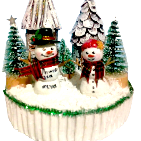 Γουρι 2024. Χειροποιητη Χριστουγεννιατικη συνθεση φωτιζομενη(με led μπαταριας),με χιονανθρωπους απο πηλο - ξύλο, vintage, σπίτι, πηλός, γούρια - 5