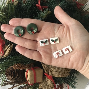 Χριστουγεννιάτικα χειροποίητα σκουλαρίκια στεφάνι - πηλός, καρφωτά, μικρά, ατσάλι, φθηνά - 2