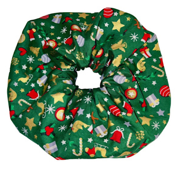 Scrunchie λαστιχάκι μαλλιών XXL πράσινο με χριστουγεννιάτικα σχέδια - ύφασμα, merry christmas, λαστιχάκια μαλλιών, μεγάλα scrunchies
