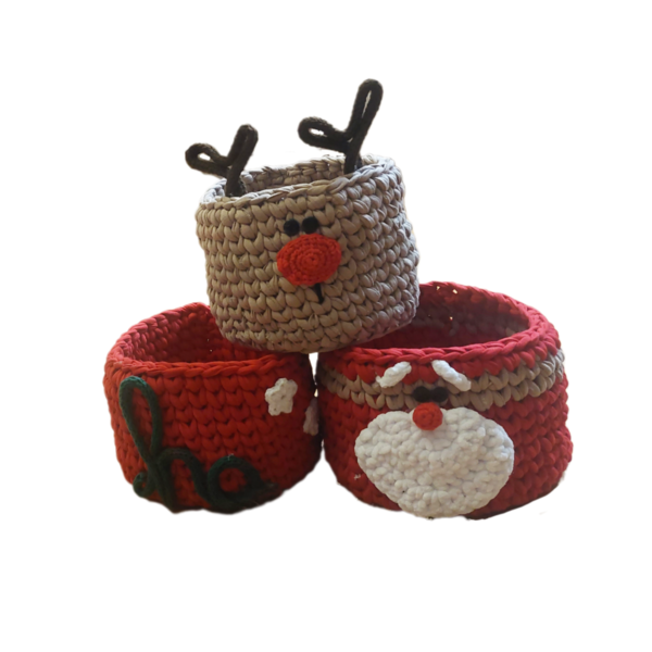 Πλεκτό χριστουγεννιατικο καλαθάκι /handmade crochet basket - ύφασμα, διακοσμητικά