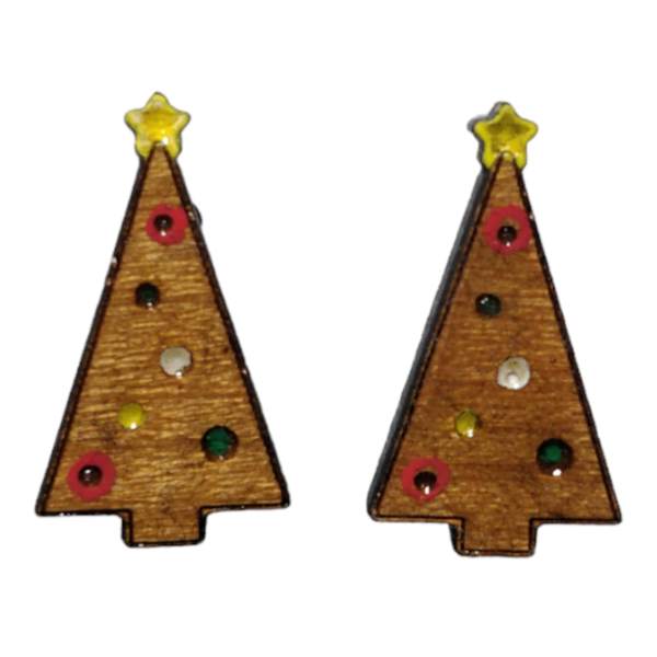 "Xmas Trees!" - Καρφωτά σκουλαρίκια χριστουγεννιάτικο δέντρο από ξύλο 1,3 εκ. ζωγραφισμένα στο χέρι, βάση ατσάλι - ξύλο, καρφωτά, χριστουγεννιάτικο δέντρο, κοσμήματα