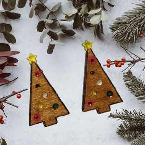 "Xmas Trees!" - Καρφωτά σκουλαρίκια χριστουγεννιάτικο δέντρο από ξύλο 1,3 εκ. ζωγραφισμένα στο χέρι, βάση ατσάλι - ξύλο, καρφωτά, κοσμήματα - 4