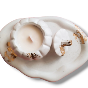 Αρωματικό κερί σε λευκή κολοκύθα με φύλλα χρυσού - τσιμέντο, κερί, χριστούγεννα, κολοκύθα, κεριά & κηροπήγια