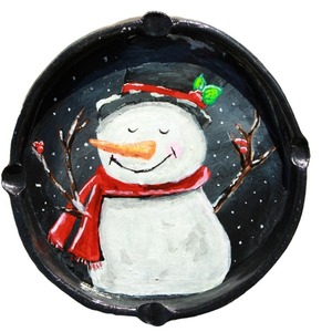 Χειροποίητο Πήλινό Τασάκι με Ζωγραφισμένο Χιονάνθρωπο, διαστάσεις 10χ10 εκ. - πηλός, διακοσμητικά, χιονονιφάδα, χιονάνθρωπος