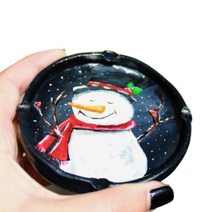 Χειροποίητο Πήλινό Τασάκι με Ζωγραφισμένο Χιονάνθρωπο, διαστάσεις 10χ10 εκ. - πηλός, διακοσμητικά, χιονονιφάδα, χιονάνθρωπος - 4