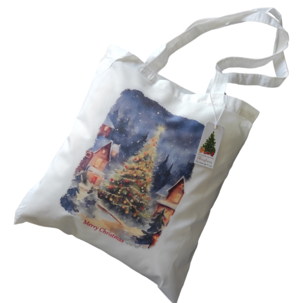 Χριστουγεννιάτικη λευκή υφασμάτινη tote bag με μακρύ χερούλι "Christmas tree"37χ41εκ. - ύφασμα, vintage, λευκά είδη, δέντρο