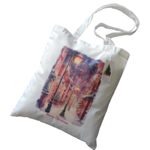 Χριστουγεννιάτικη λευκή υφασμάτινη tote bag με μακρύ χερούλι "Christmas lights"37χ41εκ. - ύφασμα, vintage, λευκά είδη