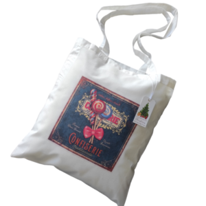 Χριστουγεννιάτικη λευκή υφασμάτινη tote bag με μακρύ χερούλι "Lollipops"37χ41εκ. - ύφασμα, vintage, λευκά είδη
