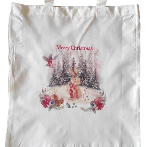 Χριστουγεννιάτικη λευκή υφασμάτινη tote bag με μακρύ χερούλι "Christmas bunny"37χ41εκ. - ύφασμα, vintage, λευκά είδη - 2