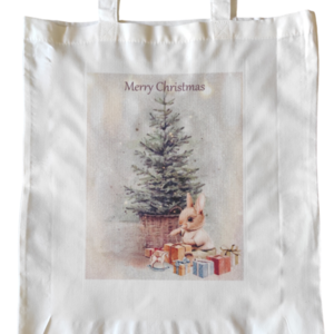 Χριστουγεννιάτικη λευκή υφασμάτινη tote bag με μακρύ χερούλι "Christmas baby bunny"37χ41εκ. - ύφασμα, vintage, λευκά είδη, δέντρο - 2
