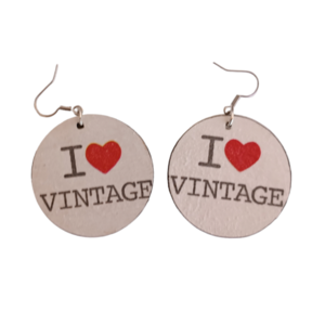 Σκουλαρίκια κρεμαστά ξύλινα στρογγυλά με vintage σχέδιο "I love vintage" / μεσαία / ατσάλι / Twice Treasured - ξύλο, vintage, κρεμαστά