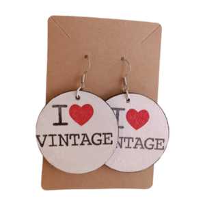 Σκουλαρίκια κρεμαστά ξύλινα στρογγυλά με vintage σχέδιο "I love vintage" / μεσαία / ατσάλι / Twice Treasured - ξύλο, vintage, κρεμαστά - 2