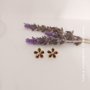 Ατσάλινα σκουλαρίκια με σμαλτο - επιχρυσωμένα, λουλούδι, καρφωτά, μικρά, ατσάλι