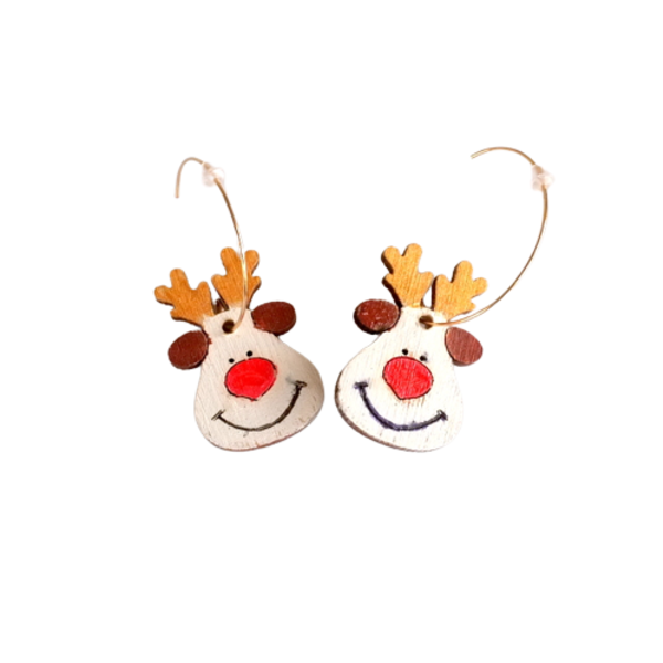 Ξύλινα σκουλαρίκια "Τάρανδος" σε άσπρο χρώμα - ξύλο, κρίκοι, κοσμήματα, χριστουγεννιάτικα δώρα - 3