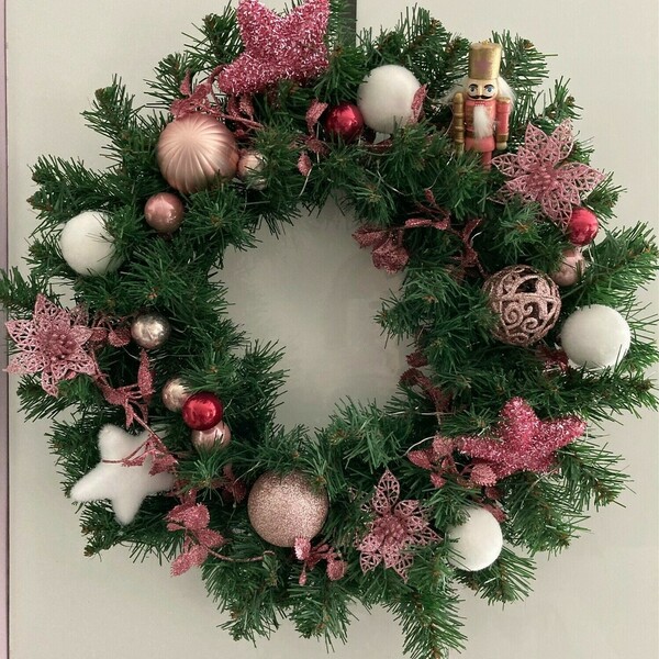 Χριστουγεννιάτικο Στεφάνι σε ροζ αποχρώσεις - πλαστικό, στεφάνια, αστέρι, μαμά, διακοσμητικά