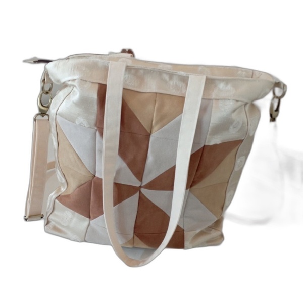 Υφασμάτινη τσάντα patchwork δερμάτινη σε αποχρώσεις του μπεζ - ύφασμα, ώμου, μεγάλες, δερματίνη, πάνινες τσάντες