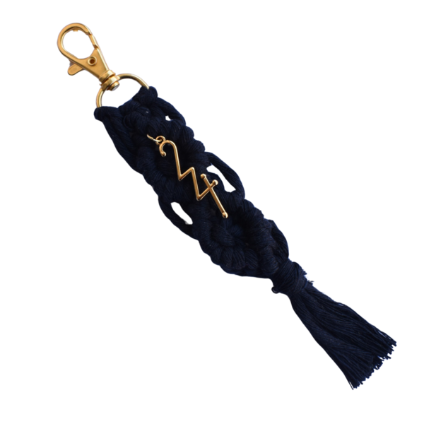 Γούρι μπρελόκ κλειδιών μακραμέ μπλε με χρυσό μπρελόκ από βαμβακερό νήμα 18cm - νήμα, αξεσουάρ, πλεκτά μπρελόκ, γούρι 2024