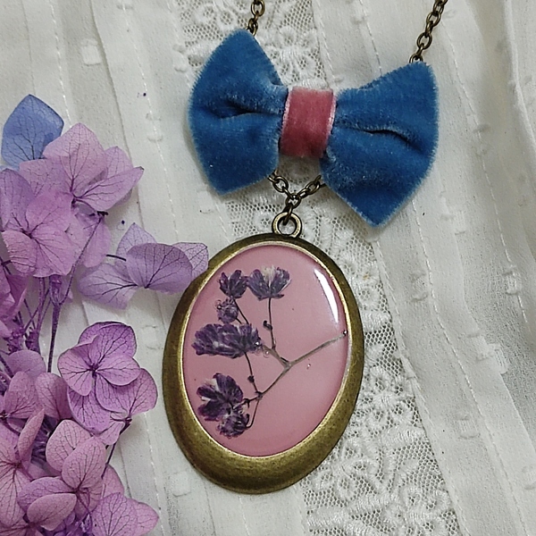 Μενταγιόν "blooming bow in blue" II - γυαλί, μακριά, λουλούδι, μπρούντζος, μενταγιόν - 2