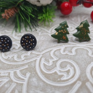 "Christmas stud set I" I Χειροποίητα μοντέρνα καρφωτά σκουλαρίκια από πολυμερικό πηλό - set 2 ζευγάρια- χρώμα πράσινο / μαύρο - πηλός, καρφωτά, μικρά, καρφάκι, φθηνά