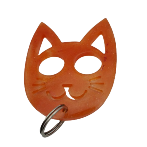Μπρελόκ αυτοάμυνας γάτα από υγρό γυαλί σε μωβ χρώμα με γλίτερ 10cm χ 8cm - ρητίνη, προστασία
