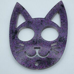 Μπρελόκ αυτοάμυνας γάτα από υγρό γυαλί σε μωβ χρώμα με γλίτερ 10cm χ 8cm - ρητίνη, γατούλα - 2