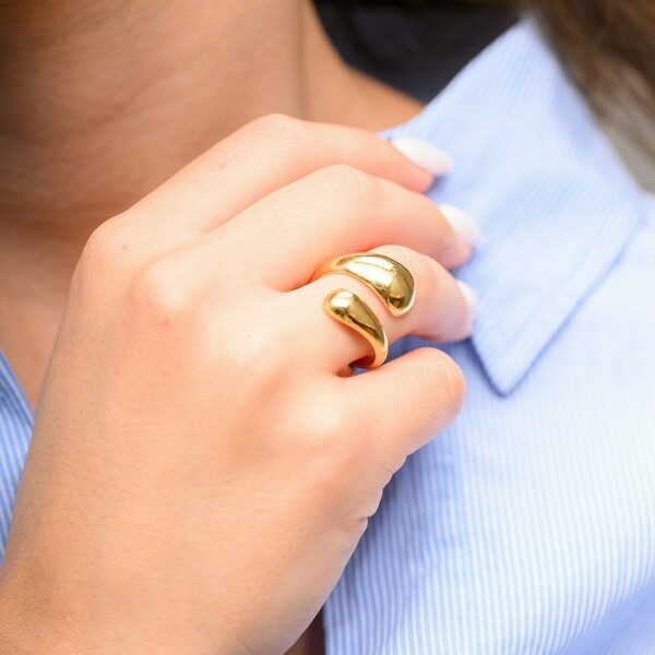 Γυναικείο δαχτυλίδι αυξομειούμενο χρυσό με bold άκρες από zamak 24k επίχρυσο - επιχρυσωμένα, ορείχαλκος, μεγάλα, αυξομειούμενα - 5