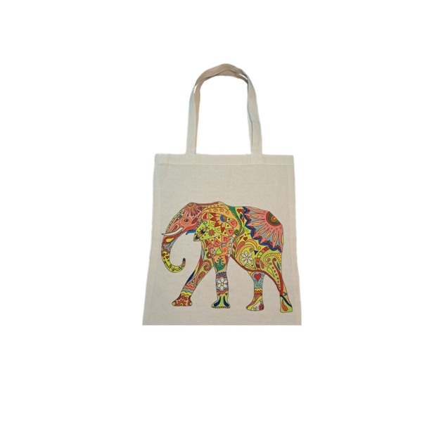 Βαμβακερή τσάντα με πολύχρωμο boho ελέφαντα - ύφασμα, βαμβάκι, ζωγραφισμένα στο χέρι, ώμου, πάνινες τσάντες