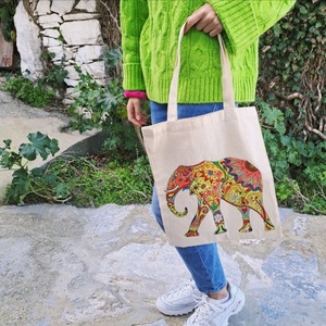 Βαμβακερή τσάντα με πολύχρωμο boho ελέφαντα - ύφασμα, βαμβάκι, ζωγραφισμένα στο χέρι, ώμου, πάνινες τσάντες - 3