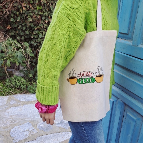 Βαμβακερή τσάντα FRIENDS διπλής όψεως - ύφασμα, βαμβάκι, ζωγραφισμένα στο χέρι, ώμου, πάνινες τσάντες - 4