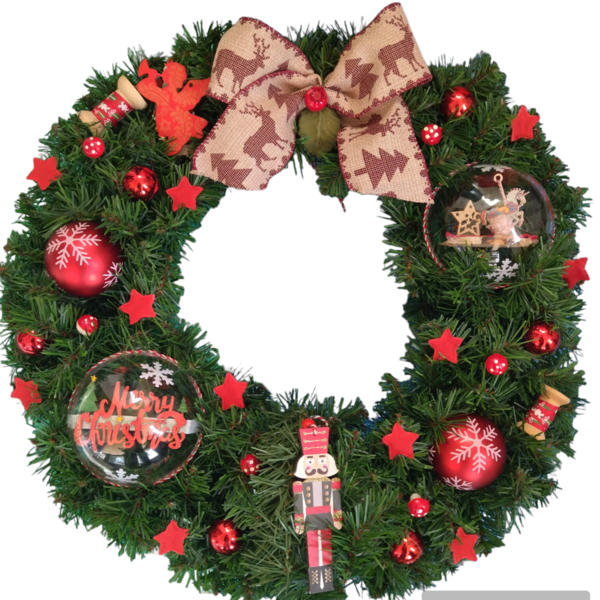 Χριστουγεννιάτικο στεφάνι 45 εκατοστά με κόκκινα διακοσμητικά - στεφάνια, plexi glass, διακοσμητικά, αγγελάκι