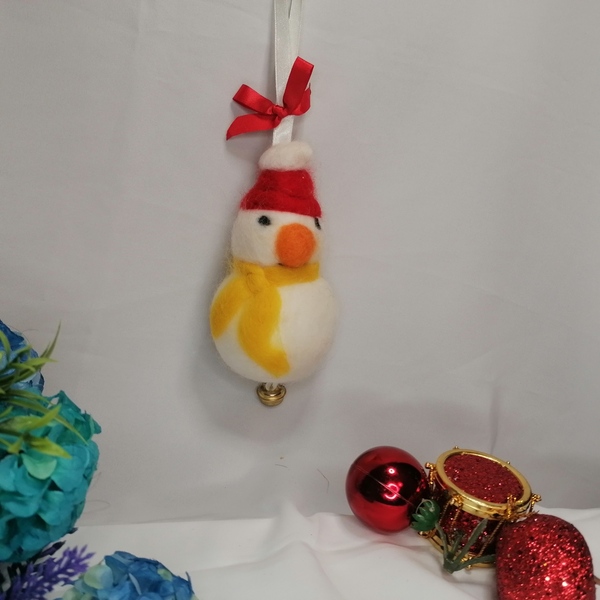 Χιονάνθρωπος χειροποίητο μάλλινο χριστουγεννιάτικο στολίδι με καμπάνα - χιονονιφάδα, στολίδια, μαλλί felt - 2