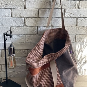Χειροποίητη τσάντα ώμου oversized διπλής όψης Lotus - δέρμα, ύφασμα, ώμου, καθημερινό - 3