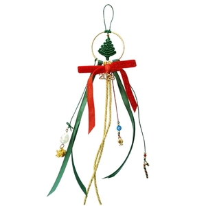 Macrame κρεμαστό γούρι 2024 με μεταλλικά στοιχεία και χριστουγεννιάτικο δέντρο - μακραμέ, μέταλλο, ρόδι, χριστουγεννιάτικο δέντρο, γούρια