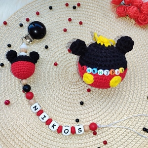 Κλιπ πιπίλας κόκκινο μαύρο Mickey με όνομα - personalised, δώρα για μωρά, κλιπ πιπίλας, προσωποποιημένα - 2