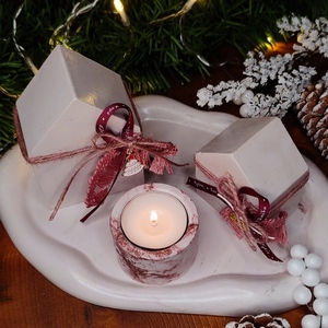 Σετ σπιτάκια με κηροπήγιο σε λευκό/ροζ απόχρωση - vintage, σπίτι, τσιμέντο, χριστούγεννα, σετ δώρου - 2