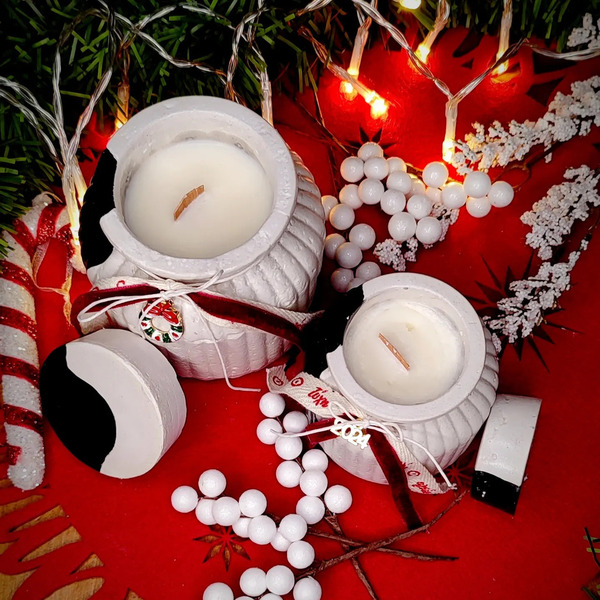 Χριστουγεννιάτικα αρωματικά κεριά σετ σε ασπρόμαυρη απόχρωση - vintage, τσιμέντο, κεριά & κηροπήγια - 3
