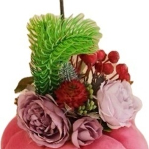Βελουδινη κολοκύθα ροζ, με λουλούδια. - ύφασμα, γυναικεία, διακοσμητικά, χριστουγεννιάτικα δώρα, κολοκύθα - 3