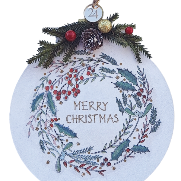 Merry Christmas ξύλινη μπάλα λευκή 18εκ - ξύλο, χριστουγεννιάτικα δώρα, στολίδια, γούρια, μπάλες