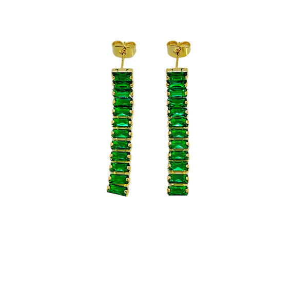 Σκουλαρίκια ατσάλινα χρυσά με πράσινα κρύσταλλα - μήκος 35mm - στρας, ατσάλι, κρεμαστά, μεγάλα, καρφάκι
