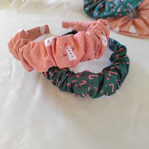 Χριστουγεννιάτικη scrunchie στέκα μαλλιών με χιονάνθρωπους ροζ 1τμχ 40 εκ - ύφασμα, αξεσουάρ, χριστουγεννιάτικα δώρα, στέκες - 3