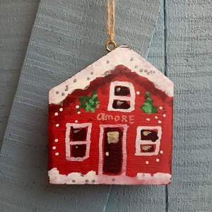 Χιονισμένο χριστουγεννιάτικο σπιτάκι AMORE από ξύλο πεύκου ζωγραφισμένο στο χέρι - ξύλο, vintage, σπίτι, στολίδια