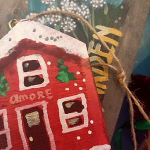 Χιονισμένο χριστουγεννιάτικο σπιτάκι AMORE από ξύλο πεύκου ζωγραφισμένο στο χέρι - ξύλο, vintage, σπίτι, στολίδια - 5