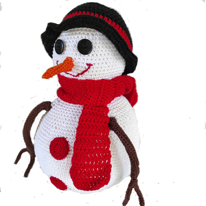 Πλεκτό κουκλάκι χιονάνθρωπος με μαύρο καπέλο και κόκκινο κασκόλ, βαμβακερό 100% ύψος 35cm. - χριστουγεννιάτικα δώρα, 100% βαμβακερό - 2