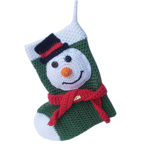 Χριστουγεννιάτικη κάλτσα πράσινη με χιονάνθρωπο, Βαμβακερό 100%, Ύψος 21cm. - νήμα, διακοσμητικά