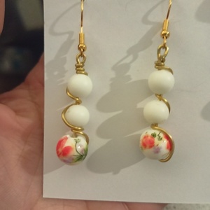 Porcelain earrings - ημιπολύτιμες πέτρες, μακριά, λουλούδι, νυφικά, γάντζος - 5