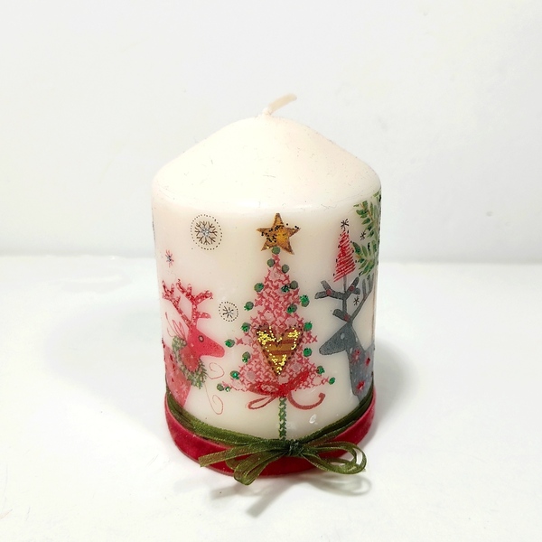 Κερί με Χριστουγεννιάτικη διακόσμηση - βελούδο, κεριά & κηροπήγια, δέντρο - 4