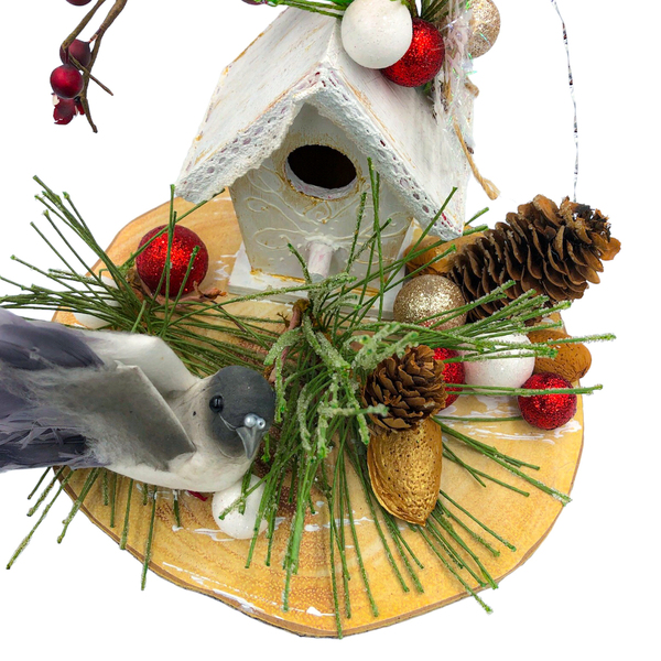 Χριστουγεννιάτικο διακοσμητικό ξύλινο λευκό σπιτάκι με πουλάκι. Διαστάσεις: 14*21 εκ. - ξύλο, σπίτι, διακοσμητικά, χριστουγεννιάτικα δώρα - 4