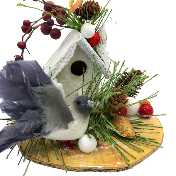 Χριστουγεννιάτικο διακοσμητικό ξύλινο λευκό σπιτάκι με πουλάκι. Διαστάσεις: 14*21 εκ. - ξύλο, σπίτι, διακοσμητικά, χριστουγεννιάτικα δώρα - 3