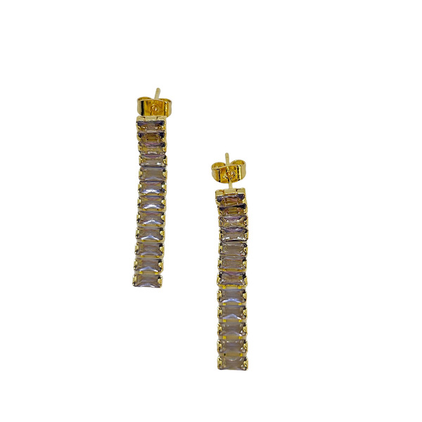 Σκουλαρίκια ατσάλινα χρυσά με μωβ κρύσταλλα - μήκος 35mm - κρύσταλλα, ατσάλι, μεγάλα, καρφάκι - 2